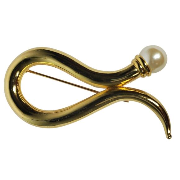 Vintage 90s Modernist Goldtone Snaky Pin w/ Faux Pearl Head 3" - Picture 1 of 3